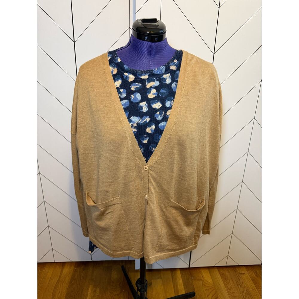 Eileen Fisher Women’s Large Merino Wool Tan Beige Button Pocket Cardigan Chic